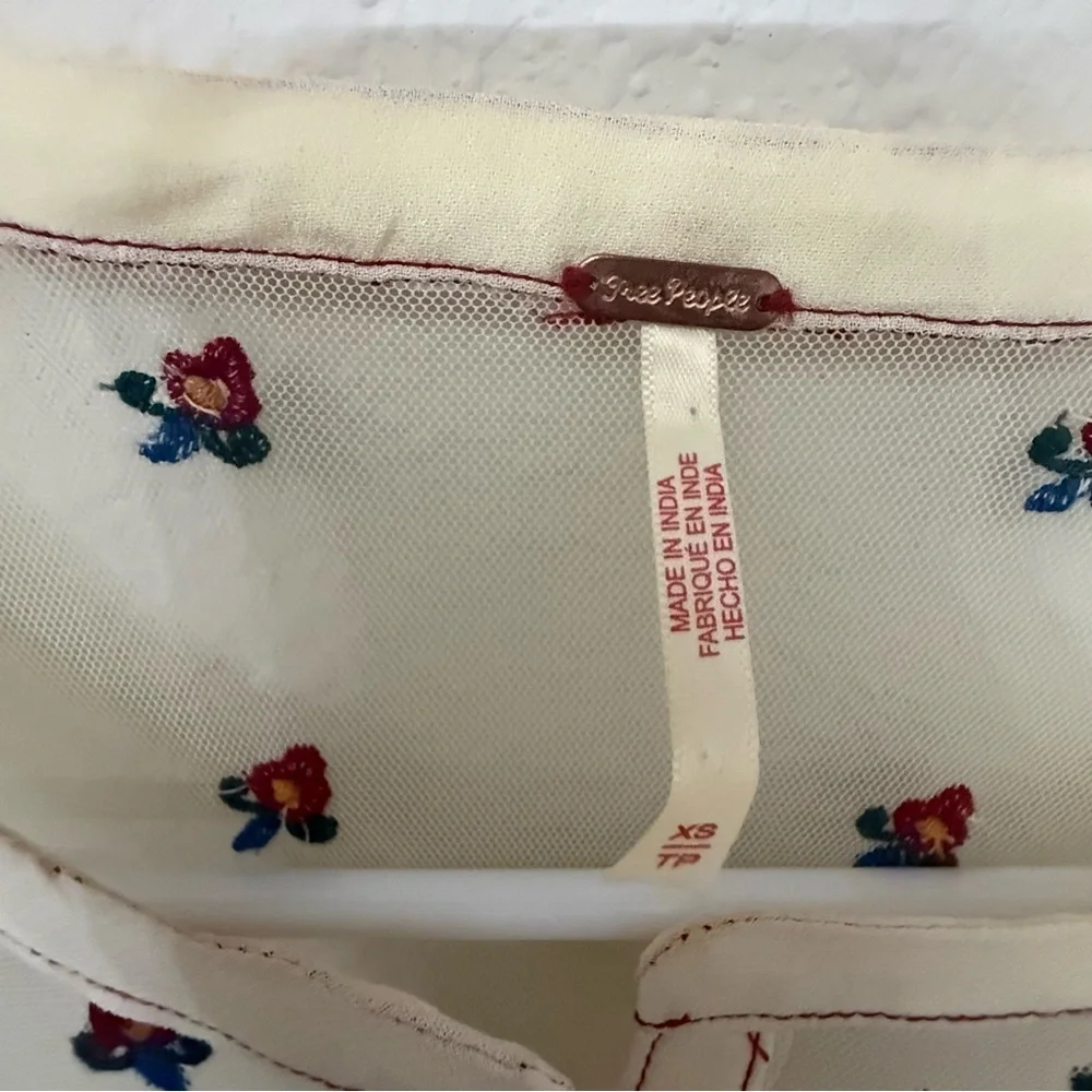 Free People Folklore Frock Dress XS Cream Sheer Embroidered Floral Boho Babydoll